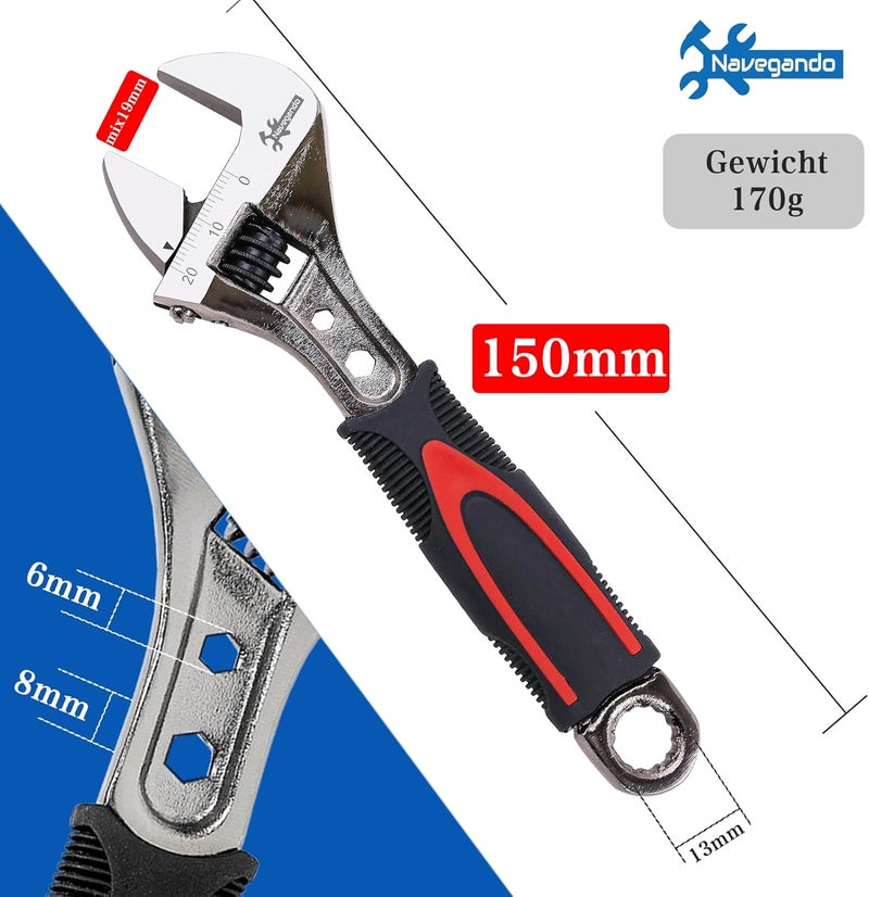 Navegando 6-Inch Adjustable Wrench, Adjustable Spanner for Tight Spaces, High Carbon Steel with Non-Slip Grip, Fits M6 to M12 Bolts (6-19mm Nuts), Perfect for Plumbing & Automotive Repair - Image 5